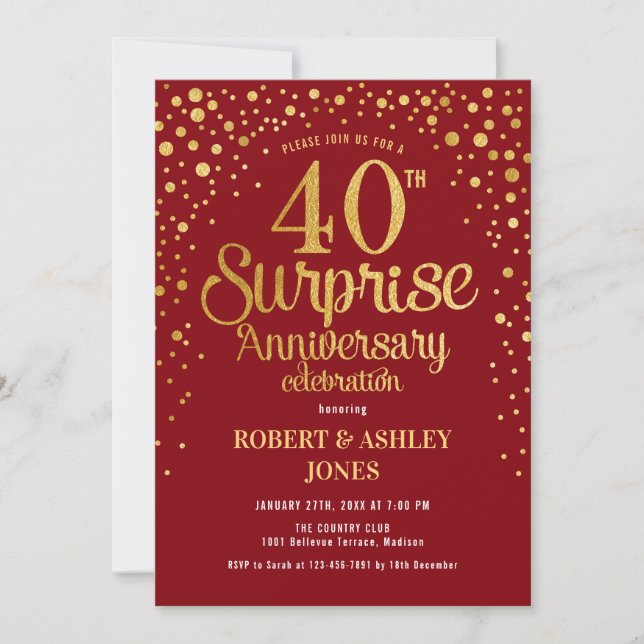 Invitación Surprise 40th Aniversario - Ruby Red & Gold (Anverso)