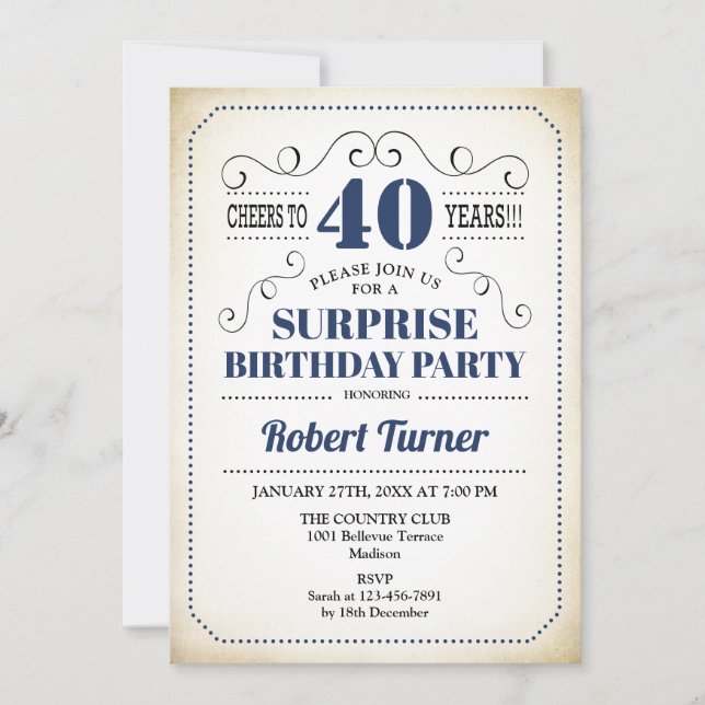 Invitación Surprise 40th Birthday - Blanco Azul de la Marina (Anverso)