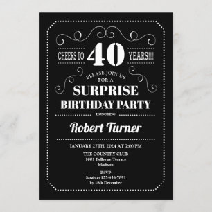 Invitación Surprise 40th Birthday - Blanco Negro