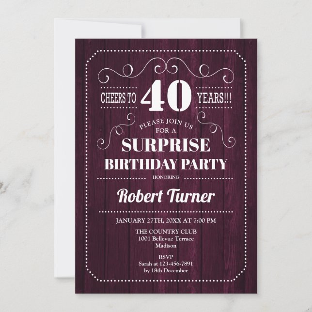 Invitación Surprise 40th Birthday - Burgundy Wood Pattern (Anverso)