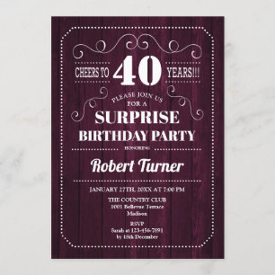 Invitación Surprise 40th Birthday - Burgundy Wood Pattern
