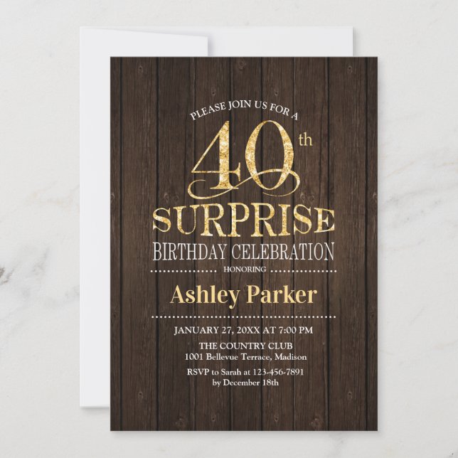 Invitación Surprise 40th Birthday Fiesta - Gold Wood (Anverso)