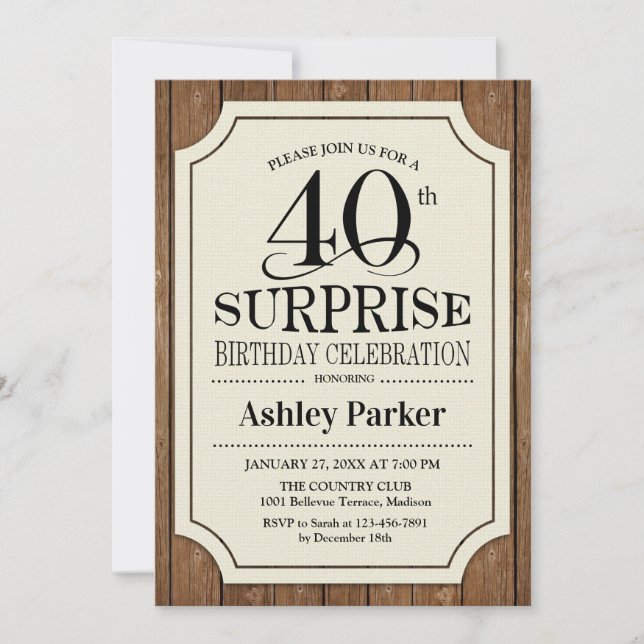Invitación Surprise 40th Birthday Fiesta - Patrón de madera (Anverso)
