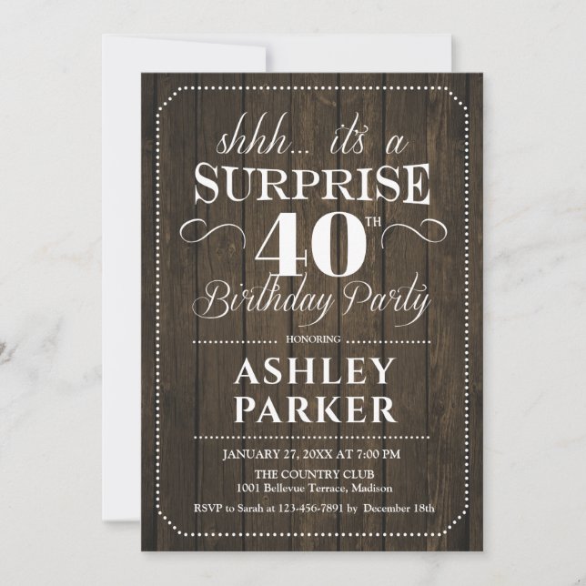 Invitación Surprise 40th Birthday Fiesta - Rustic Wood (Anverso)