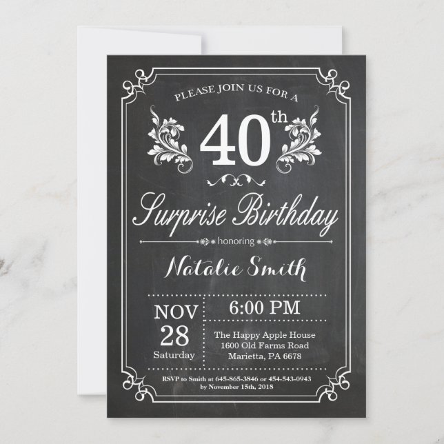 Invitación Surprise 40th Birthday Invitation Chalkboard (Anverso)