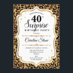 Invitación Surprise 40th Birthday - Leopard Gold White<br><div class="desc">Sorpresa 40.ª Invitación de cumpleaños. Diseño femenino con falso oro purpurina. Presenta papel de cheetah de leopardo animal,  letra de guión y confeti. Perfecto para una elegante fiesta de cumpleaños. Se puede personalizar para mostrar cualquier edad. Mándame un mensaje si necesitas más personalización.</div>