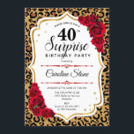 Invitación Surprise 40th Birthday - Leopard Gold White Red<br><div class="desc">Sorpresa 40.ª Invitación de cumpleaños. Diseño rojo feminista,  blanco con oro falso purpurina. Presenta un patrón de cheetah de leopardo animal,  rosas rojas,  tipografía de guión y confeti. Perfecto para una elegante fiesta de cumpleaños. Se puede personalizar para mostrar cualquier edad. Mándame un mensaje si necesitas más personalización.</div>