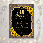 Invitación Surprise 40th Birthday - Madera Rústica Sunflowers<br><div class="desc">Sorpresa 40.ª Invitación de cumpleaños. Diseño blanco,  negro y rústico femenino con el oro falso purpurina. Presenta un patrón de madera,  girasoles,  fuente de escritura y confeti. Perfecto para una elegante fiesta de cumpleaños. Se puede personalizar para mostrar cualquier edad. Mándame un mensaje si necesitas más personalización.</div>
