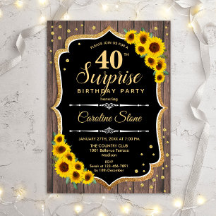 Invitación Surprise 40th Birthday - Madera Rústica Sunflowers