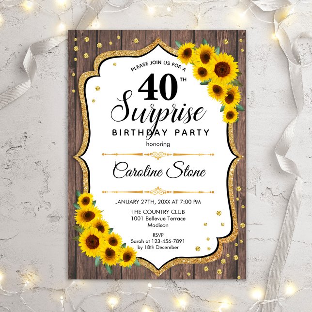 Invitación Surprise 40th Birthday - Madera Rústica Sunflowers (Subido por el creador)