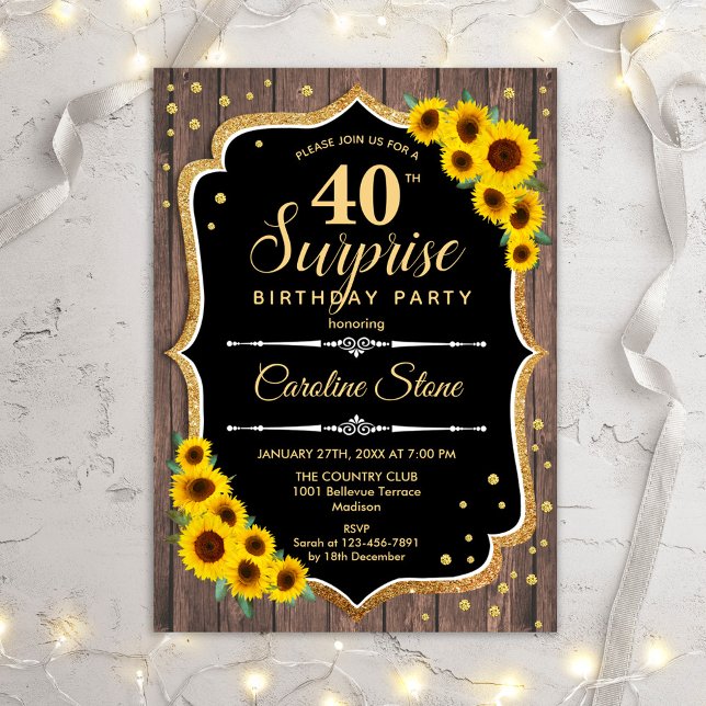 Invitación Surprise 40th Birthday - Madera Rústica Sunflowers (Subido por el creador)