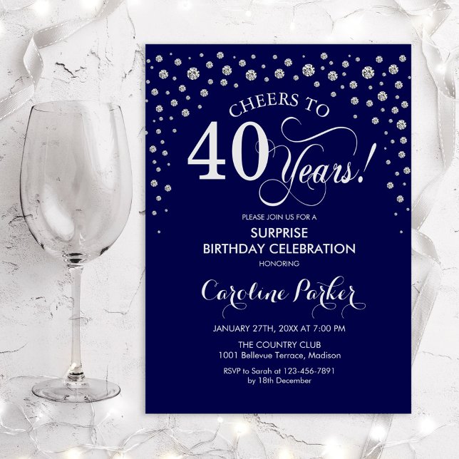 Invitación Surprise 40th Birthday Party - Navy Silver (Subido por el creador)