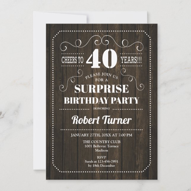 Invitación Surprise 40th Birthday - Patrón de madera (Anverso)