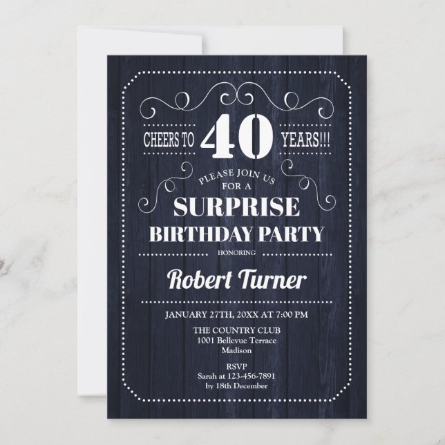 Invitación Surprise 40th Birthday - Patrón de Madera Azul de  (Anverso)
