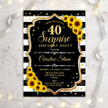 Invitación Surprise 40th Birthday - Sunflowers Black Gold<br><div class="desc">Surprise 40th Birthday Invitation. Feminine black and white design with faux glitter gold. Features stripes,  sunflowers,  script font and confetti. Perfect for an elegant birthday party. Can be personalized to show any age. Message me if you need further customization.</div>