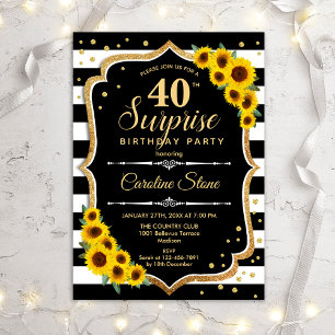 Invitación Surprise 40th Birthday - Sunflowers Black Gold