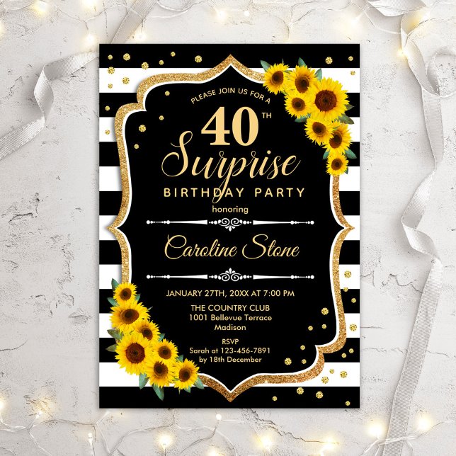 Invitación Surprise 40th Birthday - Sunflowers Black Gold (Subido por el creador)