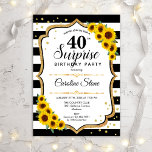 Invitación Surprise 40th Birthday - Sunflowers Black White<br><div class="desc">Sorpresa 40.ª Invitación de cumpleaños. Diseño femenino con falso oro purpurina. Cuenta con girasoles,  rayas blancas y negras,  fuente de escritura y confeti. Perfecto para una elegante fiesta de cumpleaños. Se puede personalizar para mostrar cualquier edad. Mándame un mensaje si necesitas más personalización.</div>