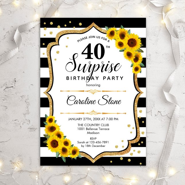 Invitación Surprise 40th Birthday - Sunflowers Black White (Subido por el creador)