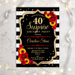 Invitación Surprise 40th Birthday - Sunflowers Roses Rojas<br><div class="desc">Sorpresa 40.ª Invitación de cumpleaños. Diseño femenino negro,  blanco y rojo con oro falso purpurina. Cuenta con rayas,  girasoles,  letra de guión y confetti. Perfecto para una elegante fiesta de cumpleaños. Se puede personalizar para mostrar cualquier edad. Mándame un mensaje si necesitas más personalización.</div>