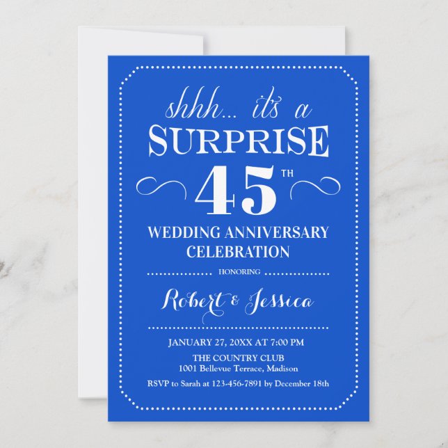 Invitación Surprise 45th Aniversario Boda - Azul zafiro (Anverso)