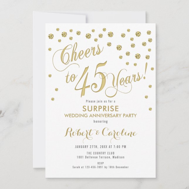 Invitación Surprise 45th Aniversario Boda - Blanco y Oro (Anverso)