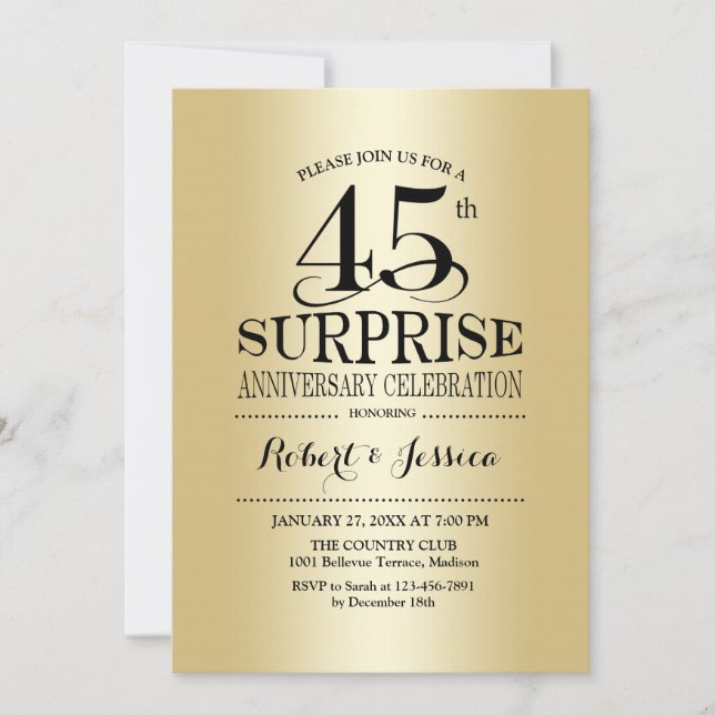 Invitación Surprise 45th Aniversario Boda - Oro (Anverso)