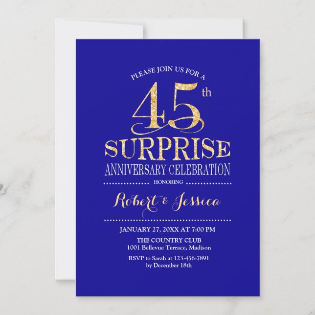 Invitación Surprise 45th Aniversario Boda - Oro Azul (Anverso)