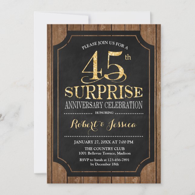 Invitación Surprise 45th Aniversario Boda - Wood Gold (Anverso)