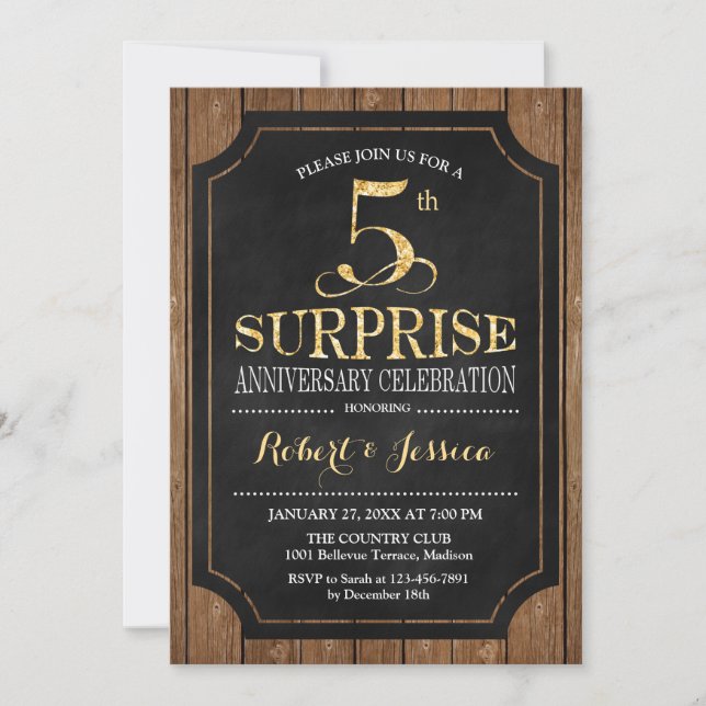 Invitación Surprise 5º aniversario Boda - Oro de la Madera Ne (Anverso)