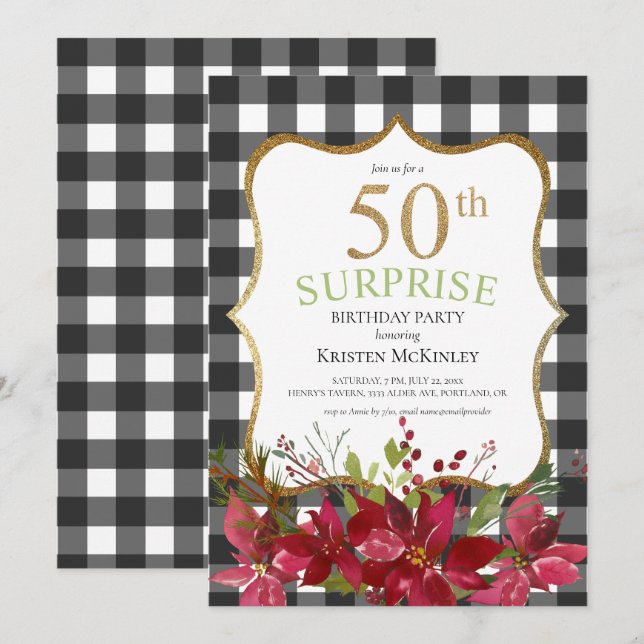 Invitación Surprise 50.º cumpleaños de flores rojas en búfalo (Anverso / Reverso)