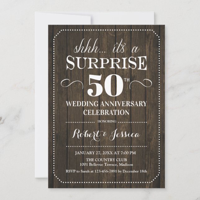 Invitación Surprise 50th Aniversario Boda - Madera Rústica (Anverso)