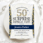 Invitación Surprise 50th Birthday - Armada de Oro Blanco<br><div class="desc">Sorpresa 50.ª Invitación de fiesta de cumpleaños. Elegante diseño en falso oro purpurina,  blanco y marina. Presenta el tipo de letra del guión y el número de diamante. Perfecto para una elegante celebración de cumpleaños para mujeres o hombres.</div>