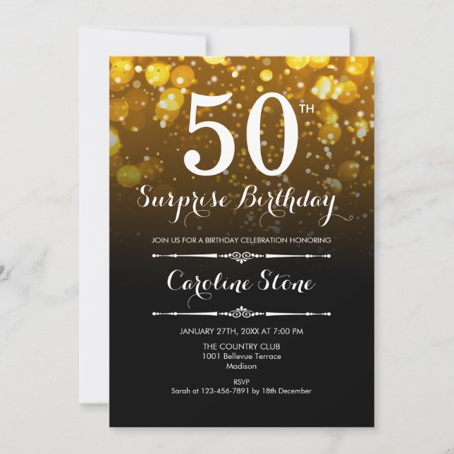 Invitación Surprise 50th Birthday - Black Gold White (Anverso)
