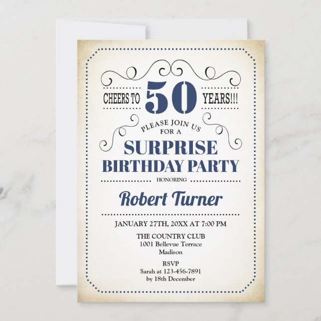 Invitación Surprise 50th Birthday - Blanco Azul de la Marina (Anverso)