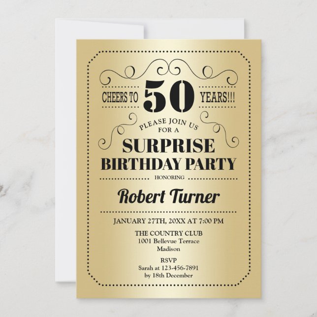 Invitación Surprise 50th Birthday - Gold Black (Anverso)