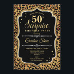 Invitación Surprise 50th Birthday - Leopard Black Gold<br><div class="desc">Sorpresa Invitación a los 50 Años. Diseño femenino en oro negro y falso purpurina. Presenta un patrón de cheetah de leopardo animal,  fuente de escritura y confeti. Perfecto para una elegante fiesta de cumpleaños. Se puede personalizar para mostrar cualquier edad. Mándame un mensaje si necesitas más personalización.</div>