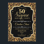 Invitación Surprise 50th Birthday - Leopard Black Gold<br><div class="desc">Sorpresa Invitación a los 50 Años. Diseño femenino en oro negro y falso purpurina. Presenta un patrón de cheetah de leopardo animal,  fuente de escritura y confeti. Perfecto para una elegante fiesta de cumpleaños. Se puede personalizar para mostrar cualquier edad. Mándame un mensaje si necesitas más personalización.</div>