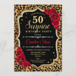 Invitación Surprise 50th Birthday - Leopard Black Gold Red<br><div class="desc">Sorpresa Invitación a los 50 Años. Diseño rojo y negro femenino con oro falso purpurina. Presenta un patrón de cheetah de leopardo animal, rosas rojas, tipografía de guión y confeti. Perfecto para una elegante fiesta de cumpleaños. Se puede personalizar para mostrar cualquier edad. Mándame un mensaje si necesitas más personalización....</div>