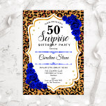Invitación Surprise 50th Birthday - Leopard Gold Royal Blue<br><div class="desc">Sorpresa Invitación a los 50 Años. Diseño blanco, azul real y femenino, con oro falso purpurina. Presenta un patrón de cheetah de leopardo animal, rosas azules de zafiro, fuente de guión y confeti. Perfecto para una elegante fiesta de cumpleaños. Se puede personalizar para mostrar cualquier edad. Mándame un mensaje si...</div>