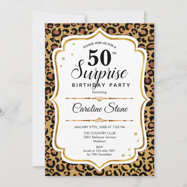 Invitación Surprise 50th Birthday - Leopard Gold White (Anverso)