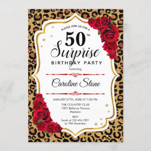Invitación Surprise 50th Birthday - Leopard Gold White Red
