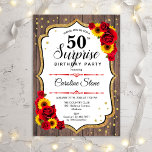 Invitación Surprise 50th Birthday - Madera Rústica Sunflowers<br><div class="desc">Sorpresa Invitación a los 50 Años. Diseño femenino rústico, blanco, rojo y negro con el oro falso purpurina. Presenta un patrón de madera, rosas rojas, girasoles, fuente de escritura y confeti. Perfecto para una elegante fiesta de cumpleaños. Se puede personalizar para mostrar cualquier edad. Mándame un mensaje si necesitas más...</div>