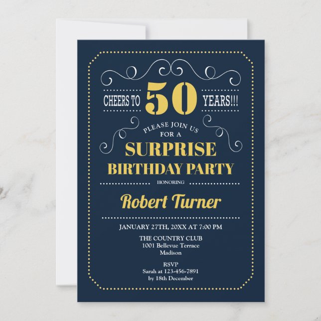 Invitación Surprise 50th Birthday - Oro Azul de Marina (Anverso)
