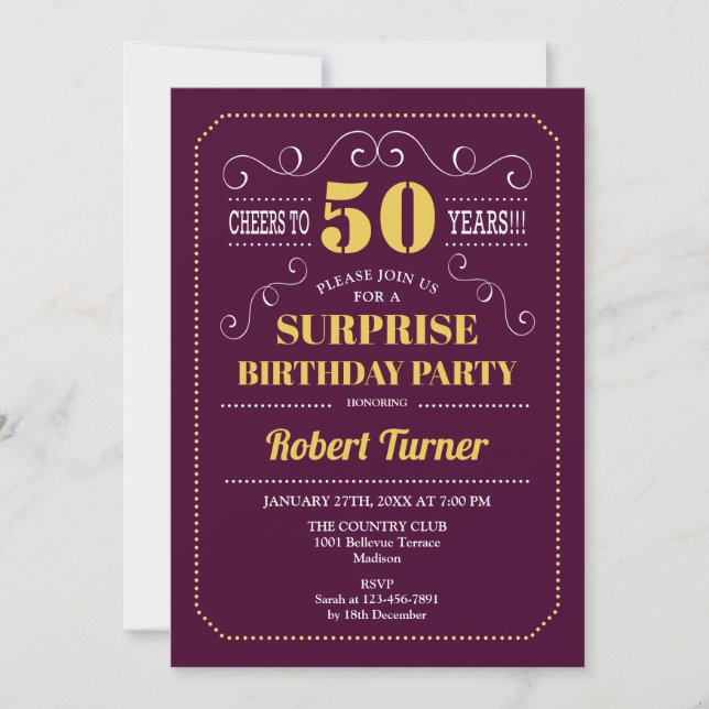 Invitación Surprise 50th Birthday - Oro de Borgoña (Anverso)