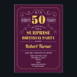 Invitación Surprise 50th Birthday - Oro de Borgoña<br><div class="desc">Sorpresa Invitación a los 50 Años. Elegante diseño retro burdeos y amarillo dorado. ¡Salud a 50 años! Se puede personalizar para mostrar cualquier edad.</div>