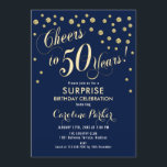 Invitación Surprise 50th Birthday Party<br><div class="desc">Sorpresa 50th Birthday Party Invitation Elegante diseño con falso oro purpurina y azul marino. Presenta el tipo de letra del guión y el perfil. ¡Salud a 50 años! Mándame un mensaje si necesitas una edad personalizado.</div>