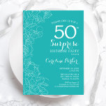 Invitación Surprise 50th Birthday Party<br><div class="desc">Turquoise Floral Surprise 50 cumpleaños. Diseño moderno minimalista con acentos botánicos y tipo de letra de escritura tipográfica. Tarjeta de invitación femenina simple perfecta para una elegante celebración de cumpleaños sorpresa femenina. Se puede personalizar a cualquier edad.</div>