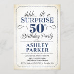 Invitación Surprise 50th Birthday Party<br><div class="desc">Sorpresa 50.ª Invitación de fiesta de cumpleaños. Sencillo diseño elegante en blanco,  azul marino y negro. Presenta una fuente de script elegante. Celebración sorpresa de cumpleaños para hombre o mujer. ¡Se puede personalizar en cualquier edad!</div>