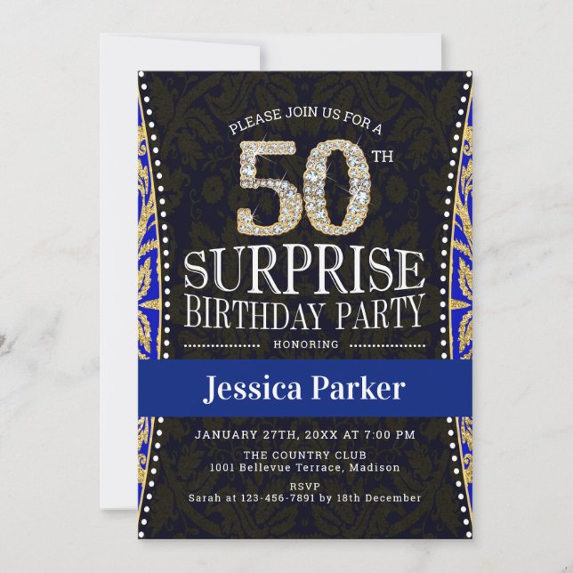 Invitación Surprise 50th Birthday Party - Azul de la Marina d (Anverso)